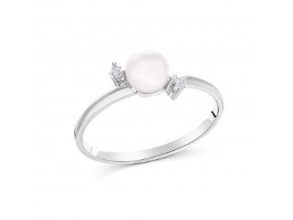 Prsten z bílého zlata s perlou a diamanty Pd 204 034