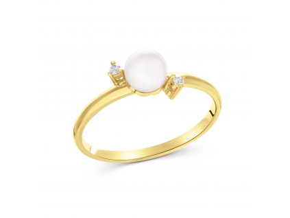 Prsten ze žlutého zlata s perlou a diamanty Pd 204 036